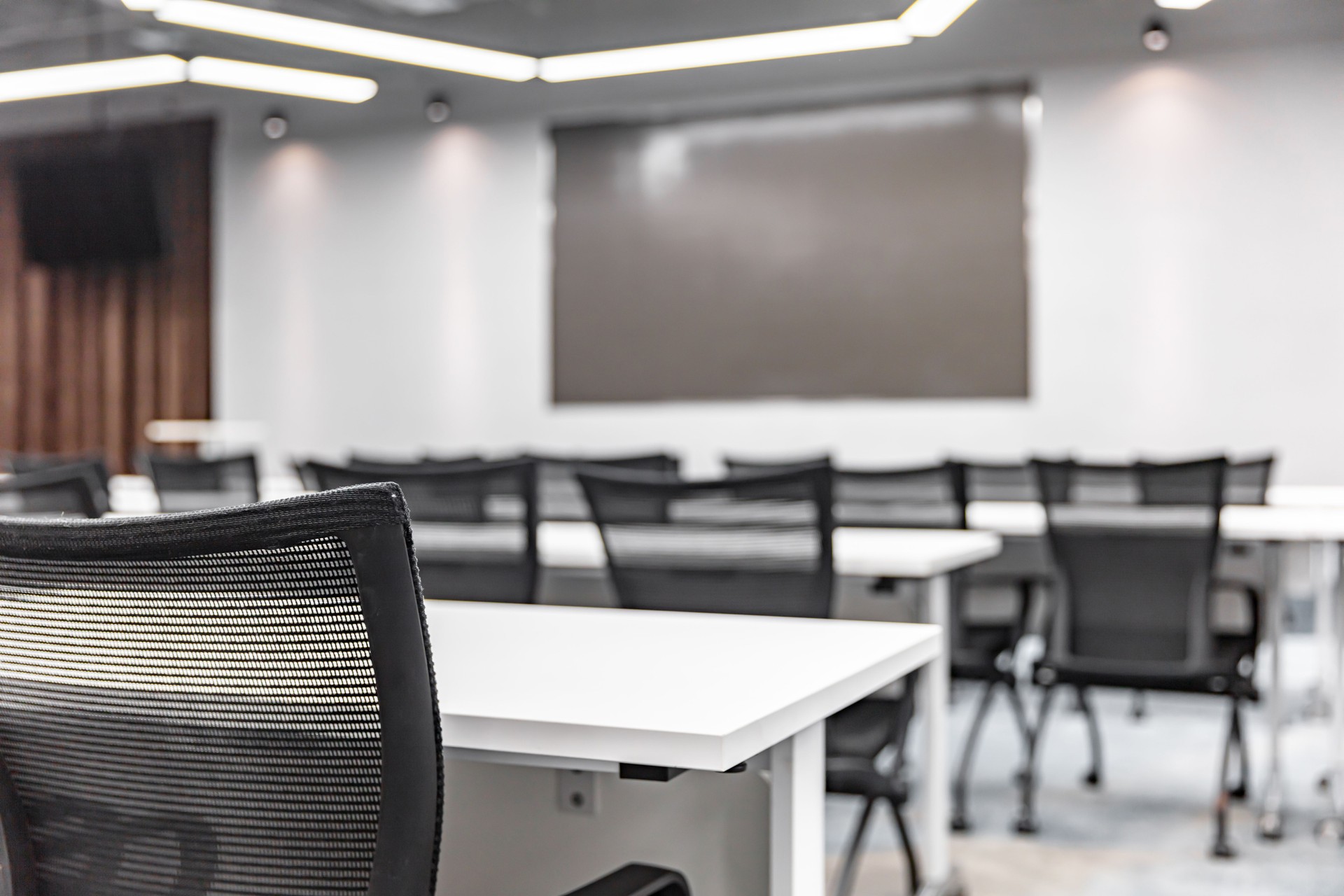 Empty classrooms brightly lit
